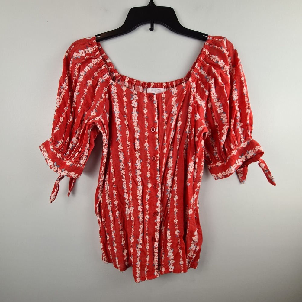 LC Lauren Conrad Red Floral Stripe Square Neck Puff Sleeve Blouse XS Womens